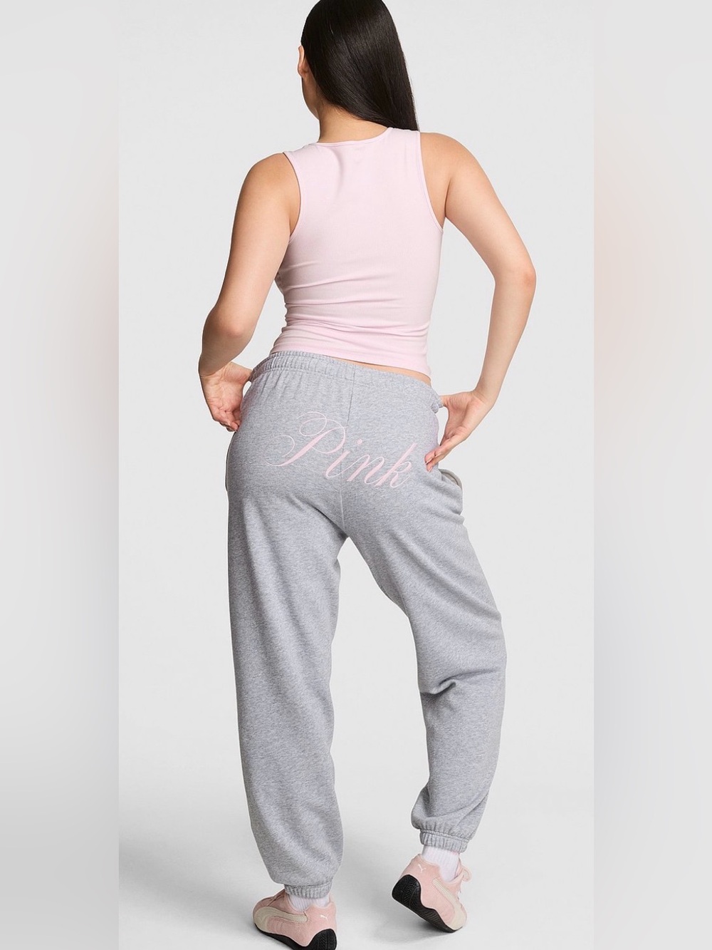 PINK Victoria’s Secret Gray Campus Fleece Sweatpants with Pink Script-Med. NWT🩶